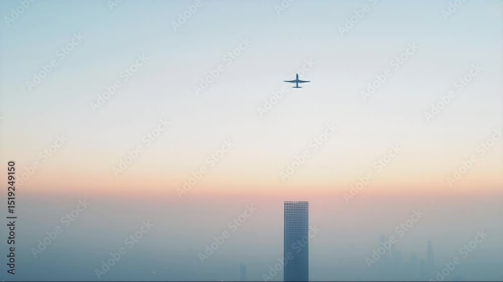 Poster 夕暮れの空に浮かぶ飛行機と都市のスカイライン 静かな背景に高層ビルが並び 輸送と旅行のコンセプトを表現