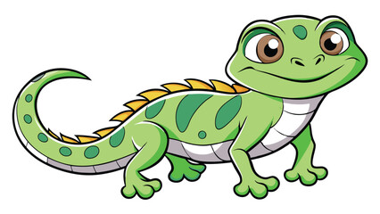 Cartoon Green Lizard with Yellow Spikes and Brown Eyes on White Background