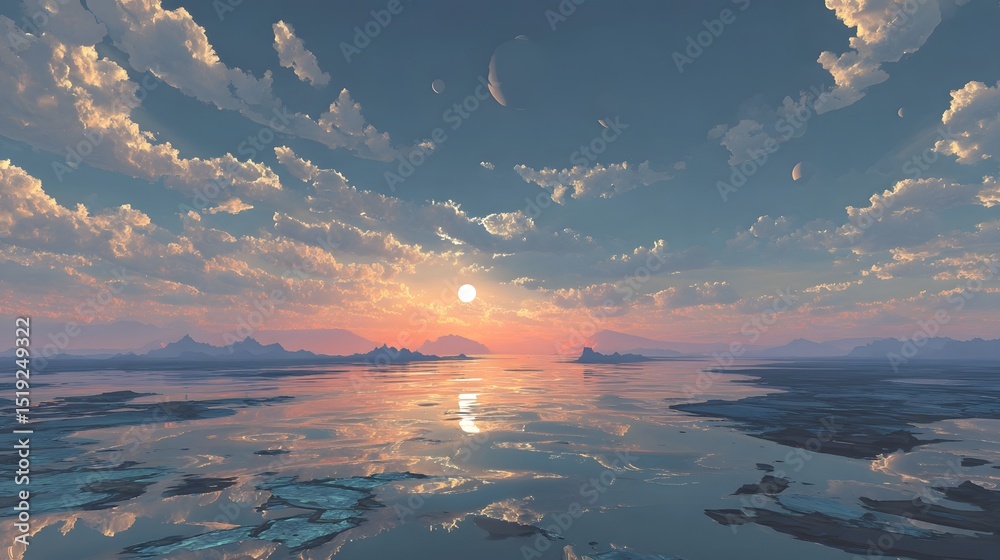 Poster A serene and dreamlike sunset scene with the ocean reflecting the vibrant colors of the sky and distant islands creating a surreal otherworldly atmosphere