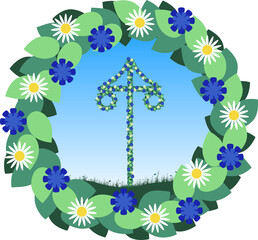 Swedish maypole with wild flowers. Scandinavian traditional midsummer. A wreath with flowers.