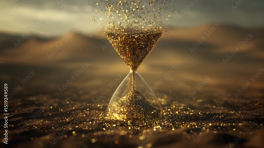 Poster a massive sand hourglass stands in the arid desert glowing with a warm golden light time particles d
