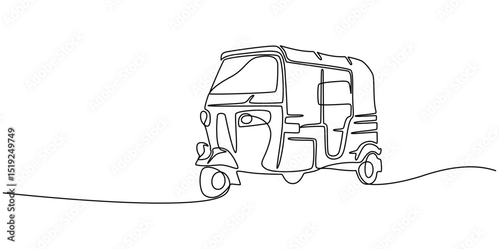 Poster tuk tuk one line drawing. simple vector sketch of a classic bajaj vehicle, continuous one line drawi