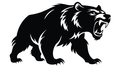 Ferocious Bear Silhouette with Sharp Teeth and Claws on White Background