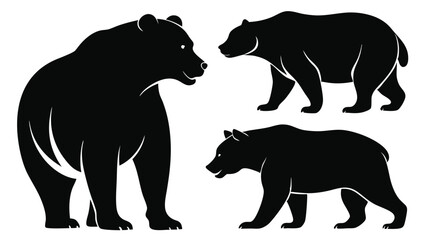 Three Black Bear Silhouettes Standing Walking and Profile Views on White