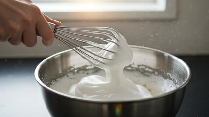Hand Whisking Whipped Egg Whites In A Stainless Steel Bowl During Baking Process - Powered by Adobe