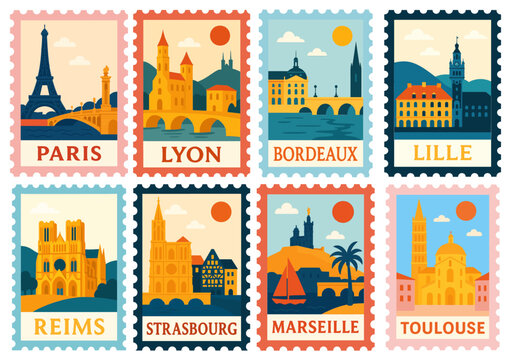 SET OF FRENCH CITY AND LANDSCAPE STAMPS (PARIS, MARSEILLE, LYON, TOULOUSE, BORDEAUX, LILLE, REIMS, STRASBOURG)