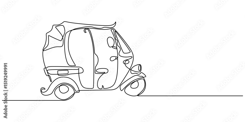 Poster Tuk Tuk One Line Drawing. Simple vector sketch of a classic Bajaj vehicle, Continuous one line drawing of asian three-wheeled motor vehicle. Auto rikshaw outline illustration. Editable vector, Ricksha