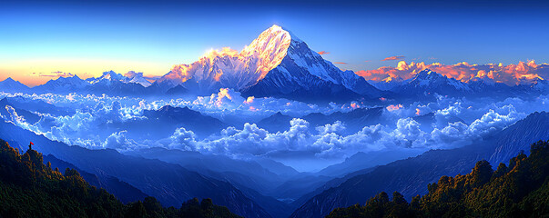 Majestic snowcapped mountain peak at sunrise, soaring above a sea of clouds.  A breathtaking landscape, perfect for travel, nature, and inspirational projects.