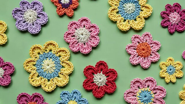 Vibrant crochet flowers blooming seamlessly on a green canvas
