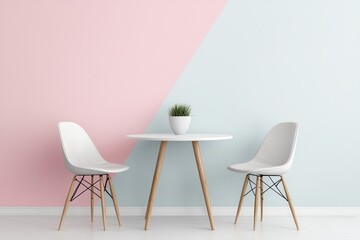 Contemporary dining room concept. Modern minimalist dining area with pastel-colored walls and a small table adorned with a potted plant.