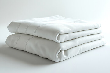 Textiles for Grand hotel. Egyptian cotton sheets on a white background. Stack of high-thread-count white sheets.