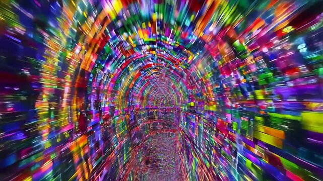 Colorful tunnel traversing, warping perspectives with pulsing light trails, generating hypnotic visual rhythms through dynamic motion