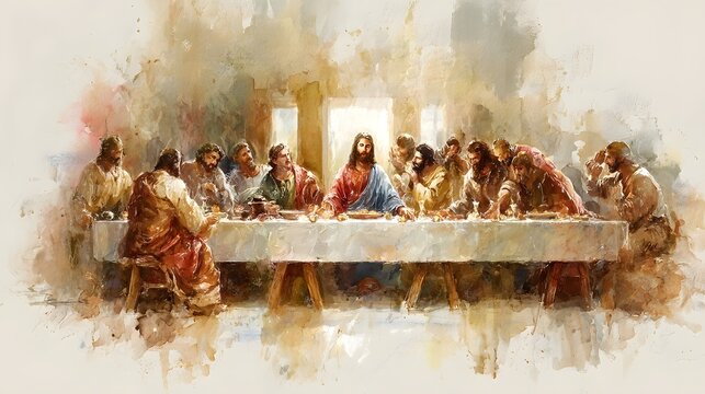 A gentle contemplative painting capturing the sacred moment of the Last Supper where Jesus gathers with his disciples around a table