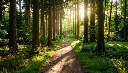 Obraz premium Sunlit Path Through a Lush Forest