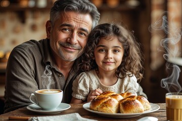 Grandfather and granddaughter having breakfast