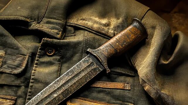 A vintage knife rests on a textured military jacket.