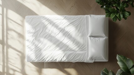 A top-down view of a mattress on a hardwood floor with simple white bedding single green plant in the corner soft shadows