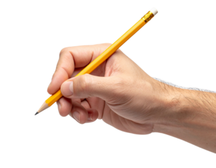 Right Hand Holding Yellow Pencil in Writing Position, Front Angle, isolated on a transparent background