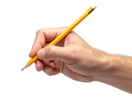 Right Hand Holding Yellow Pencil in Writing Position, Front Angle, isolated on a transparent background