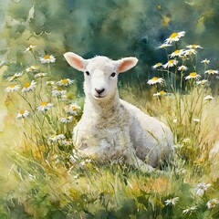 A charming and serene watercolor painting depicting a fluffy white lamb sitting calmly in a lush meadow filled with vibrant daisies