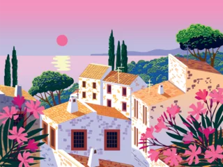 Mediterranean seaside riviera romantic poster. Holiday destination town in Italy, France or Greece with sea beach. Handmade drawing trendy colorful expressive vector illustration. © alaver