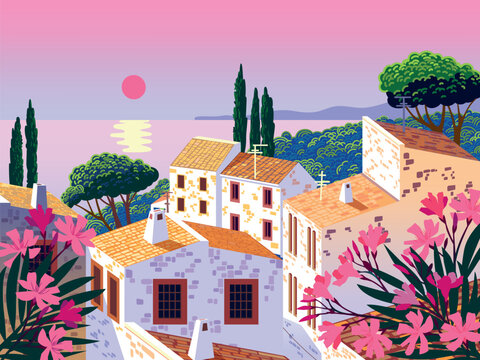 Mediterranean seaside riviera romantic poster. Holiday destination town in Italy, France or Greece with sea beach. Handmade drawing trendy colorful expressive vector illustration.