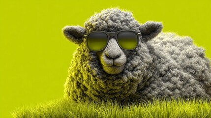 Obraz premium A sheep with sunglasses lying in grass against a bright yellow background looking at the camera