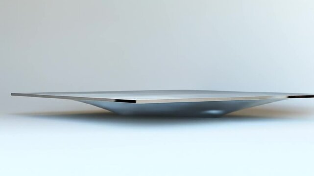 Sleek, modern, rectangular tray with a gently curved, concave bottom.  A minimalist,  metallic surface