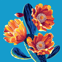 Bright fashionable modern poster with prickly pear cactus flowers on a blue background. Сontemporary expressive trendy style. Handmade drawing vector illustration.  Can be used to make books, banners.