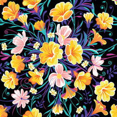Hand drawn seamless pattern with beautiful garden flowers and leaves on dark violet background. Vector illustration, retro style.