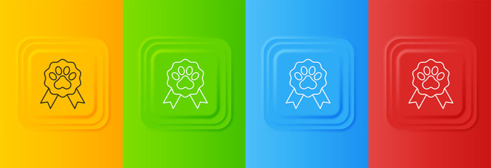 White Pet award symbol icon isolated on colorful background. Badge with dog or cat paw print and ribbons. Medal for animal. Set icons in square buttons. Vector