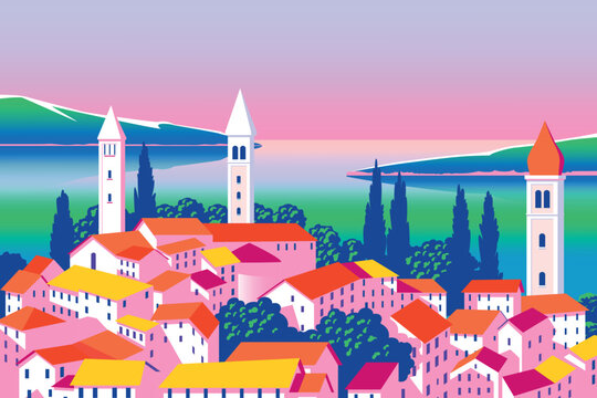 Mediterranean romantic landscape with old town in the first plan, sea and islands in the background. Handmade drawing vector illustration. Can be used for posters, banners, postcards, books etc.