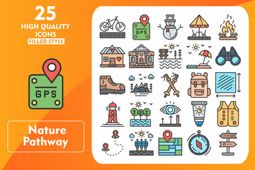 Nature Pathway Line Filled Icon Set. Incleded Icons Bikeways, Adventure, Sunscreen, Vest, Location, Boardwalk, Map, Compass. Vector Icons Collection