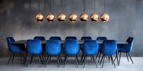 Contemporary dining room concept. Modern dining space featuring stylish blue chairs and unique pendant lighting.