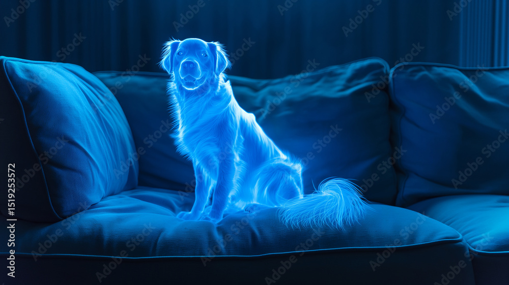 Poster this glowing blue hologram of a dog sits on a couch, creating a serene and futuristic atmosphere.