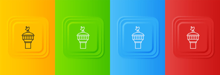 White Radar icon isolated on colorful background. Search system. Satellite sign. Set icons in square buttons. Vector