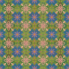 Seamless ornamental floral pattern with a vintage Ikat texture. The design features stylized flowers in moss green, dusty blue, and pink with a distressed, ethnic tapestry effect. Ideal for textile, w