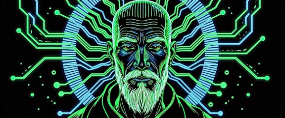 A futuristic circuit-board style of a guru, in neon green and blue.