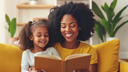 African American mother reading a book with her daughter, smiling and happy at home, bonding and family lifestyle concept. - Powered by Adobe