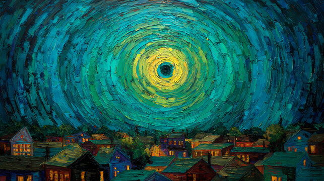 educational visual for art movements | dreamlike stillness | cosmic yearning | earth green and cobalt | central vortex | village rooftops | short choppy lines | color vibration | urban melancholy |