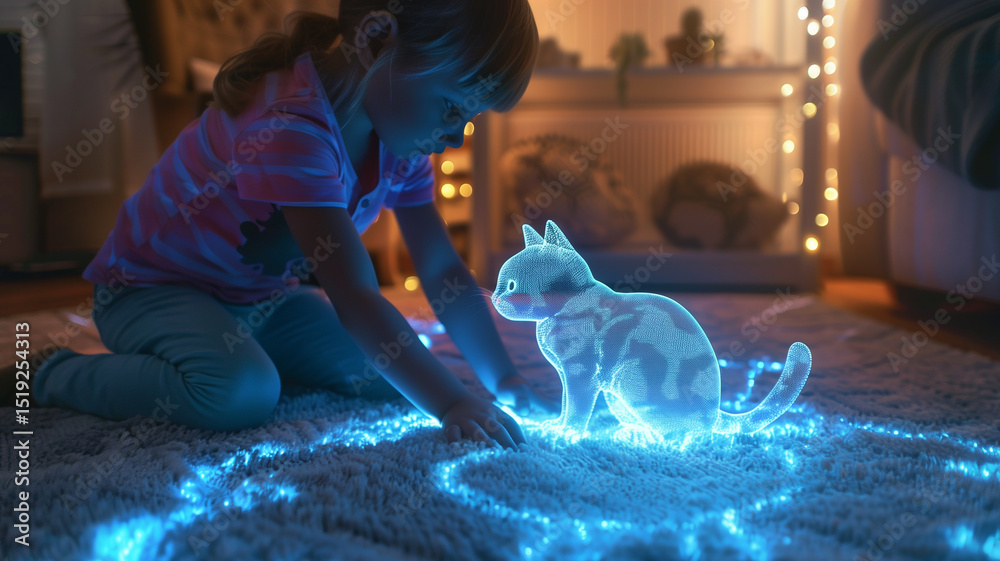 Poster this child interacts with a glowing hologram of a pet cat, captivated in a warm, inviting space.