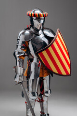 Armored Medieval Knight With Sword and Shield in Studio Portrait..