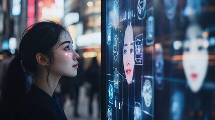 A digital billboard displaying personalized ads using facial recognition and emotional analysis.
