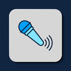 Filled outline Wireless microphone icon isolated on blue background. On air radio mic microphone. Speaker sign. Vector