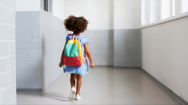 Lone schoolchild traversing deserted hallway, shouldering backpack with resolute quiet confidence during early morning hours