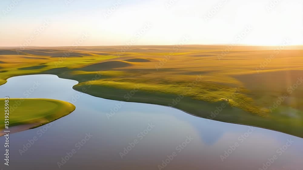 Poster 緑豊かな草原と静かな湖の風景 夕暮れの柔らかい光が水面に反射し 穏やかな水面と緑のコントラストが美しい静寂な自然の風景