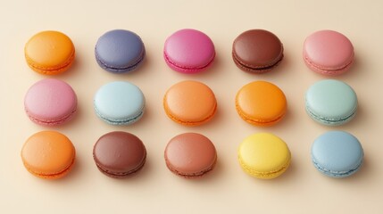 An arrangement of colorful macarons in a variety of pastel shades neatly aligned on a solid beige background smooth glossy surface elegant 