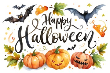 Happy Halloween Calligraphy with Bats Watercolor