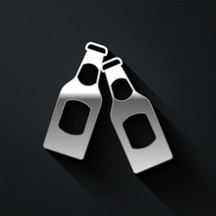 Silver Beer bottle icon isolated on black background. Long shadow style. Vector