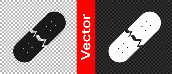 Black Broken skateboard deck icon isolated on transparent background. Extreme sport. Sport equipment. Vector